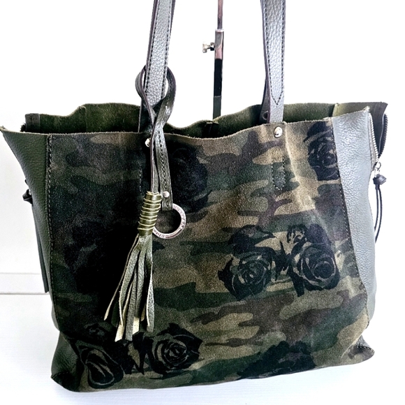 Sanctuary Handbags - Sanctuary Rose Print Suede Genuine Green Pebbled Leather Fringe Tassel Tote Bag